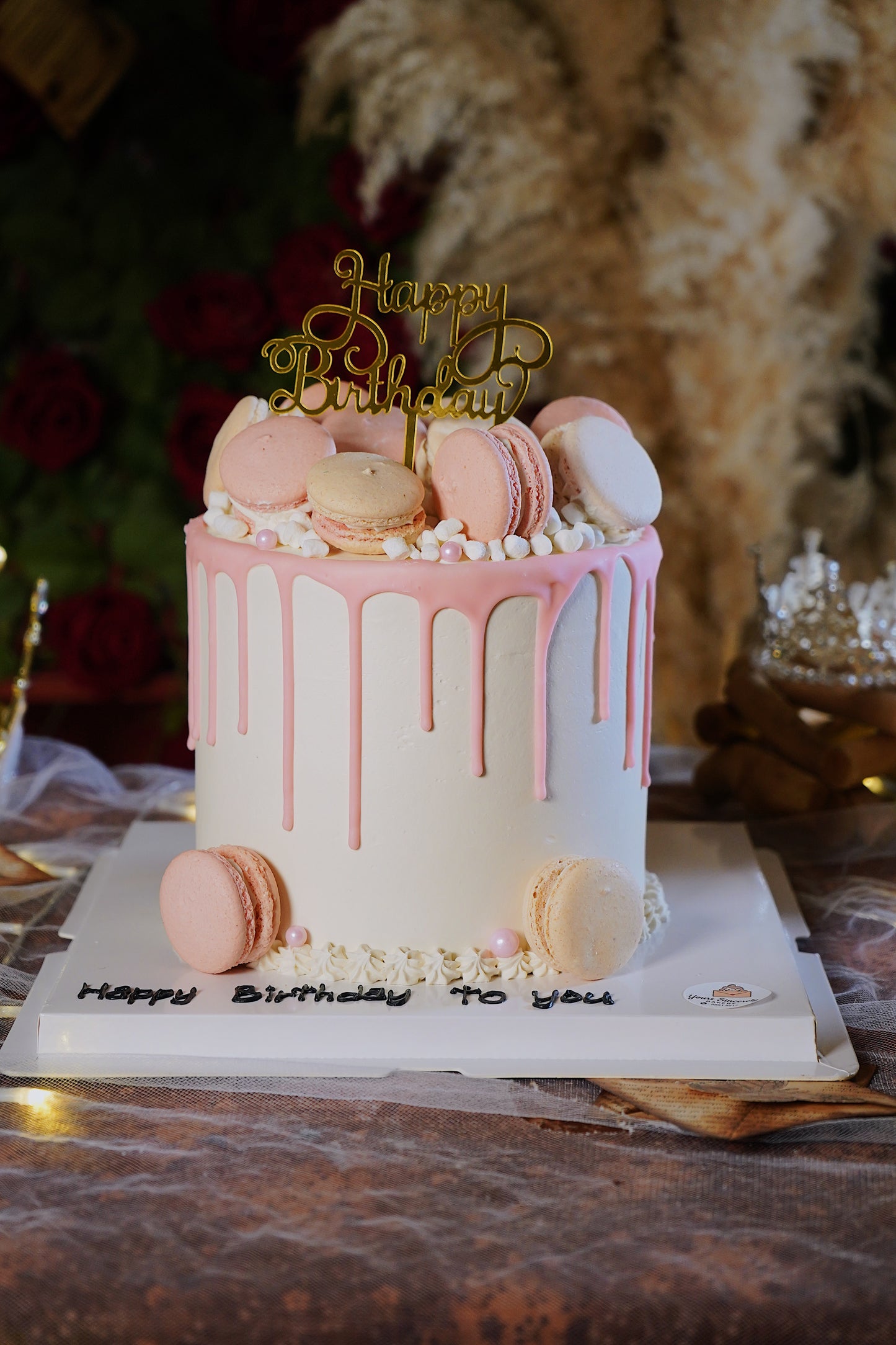 Pink And White Macaron Drip Cake