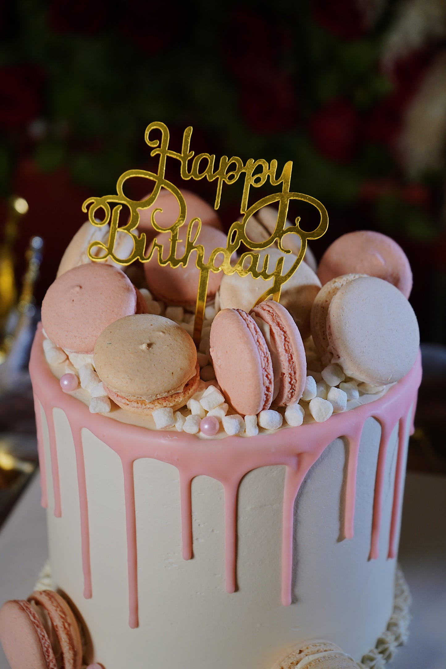 Pink And White Macaron Drip Cake