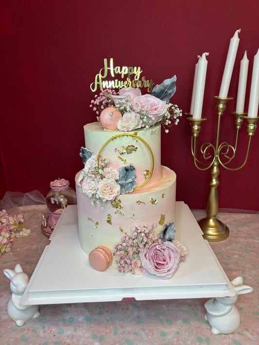 Floral Gold Enchanted Ring Two Tier Cake