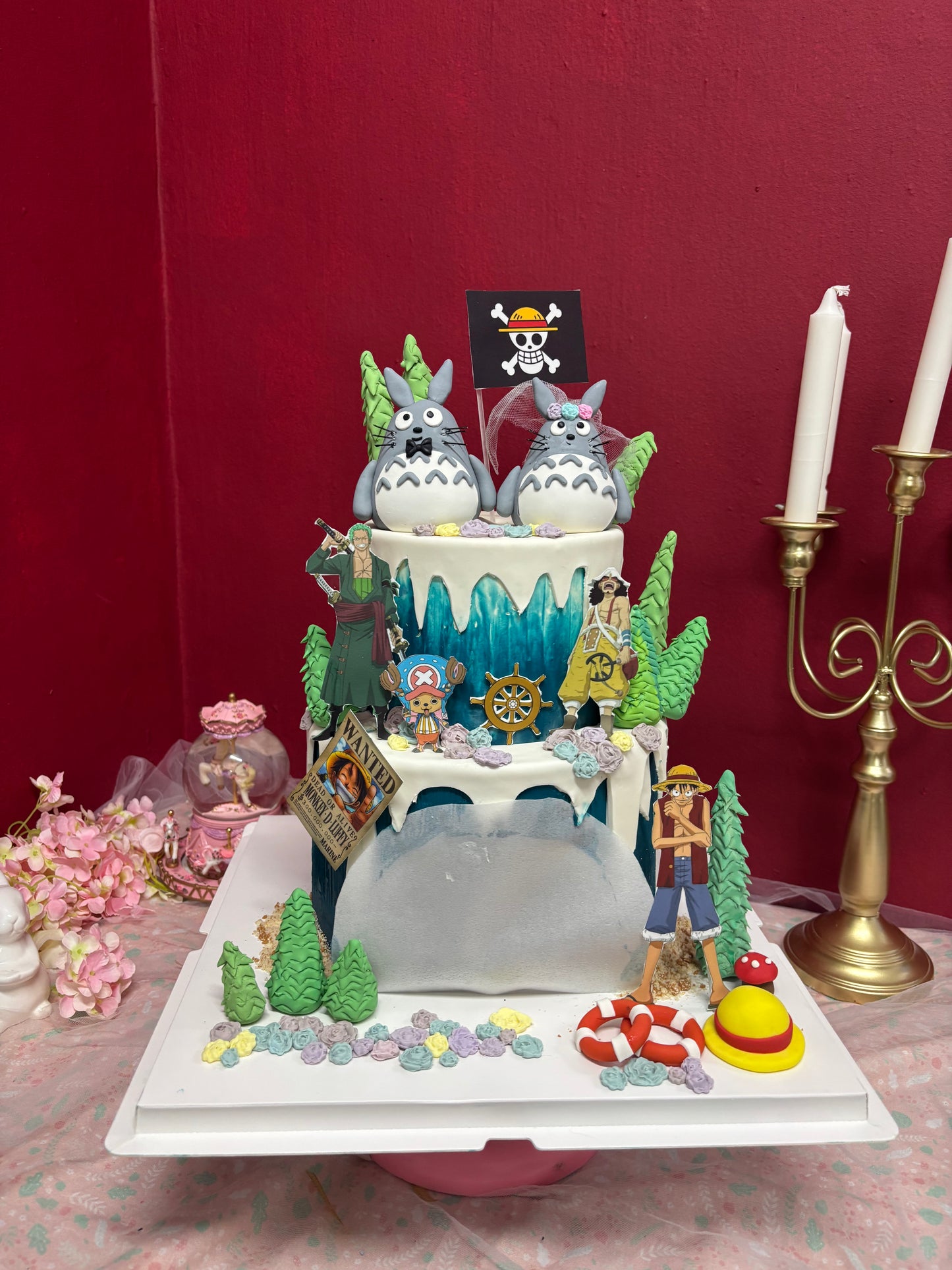 Totoro and One Piece Two Tier Cake