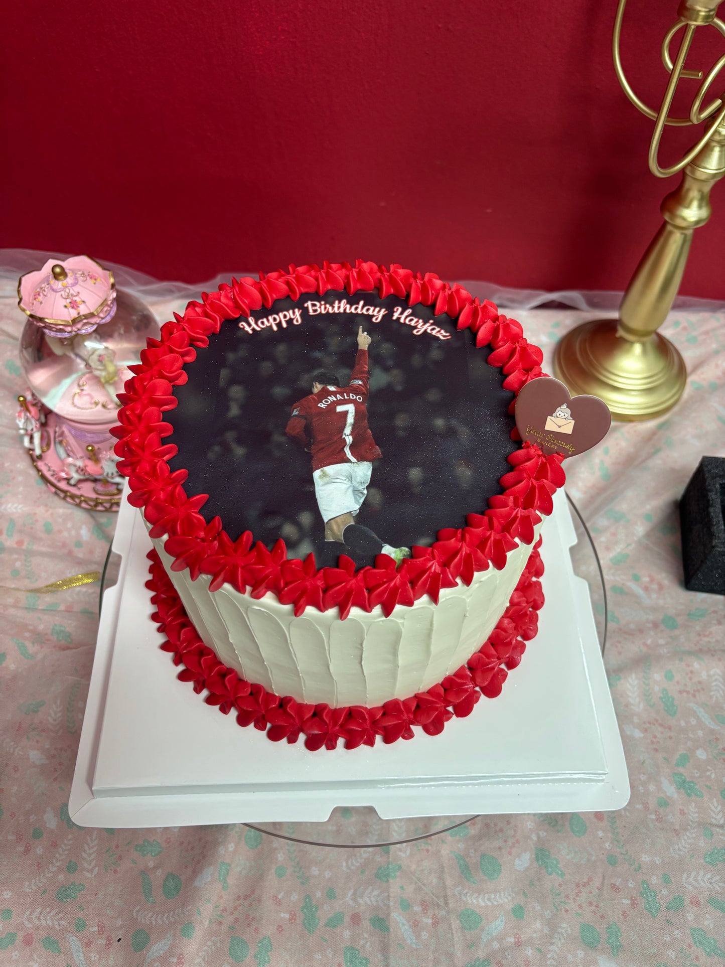 Red and White Edible Print Cake